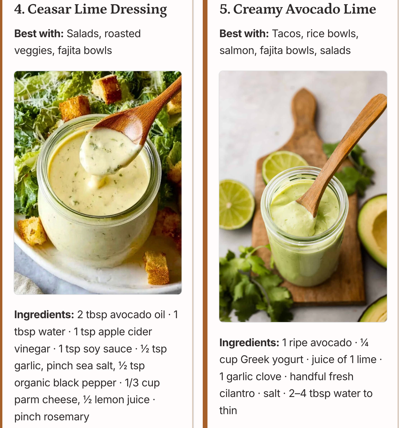Two images of Caesar Lime Dressing and Creamy Avocado Lime Dressing with ingredients listed.