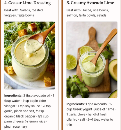 Two images of Caesar Lime Dressing and Creamy Avocado Lime Dressing with ingredients listed.